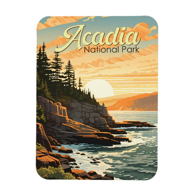 Íman Retro de Ilustração do Parque Nacional Acadia (Vertical)