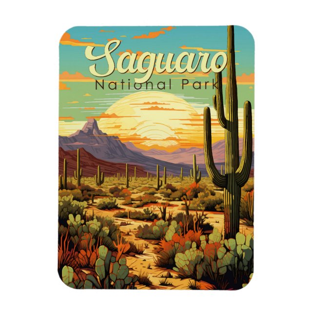 Íman Retro de Ilustração do Parque Nacional do Saguaro (Vertical)