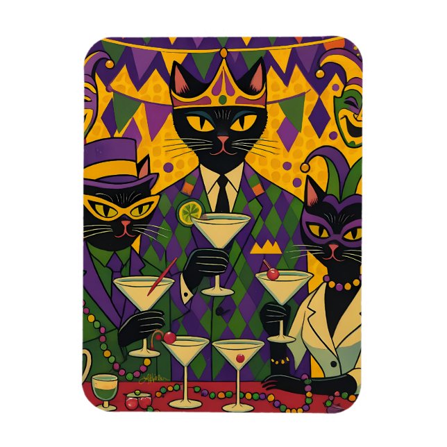 Íman Retro Futuristic Mardi Gras Black Cat Martini Club (Vertical)