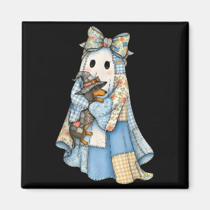 Íman Retro Halloween Azul Denim Fantasma Dachshund Engr