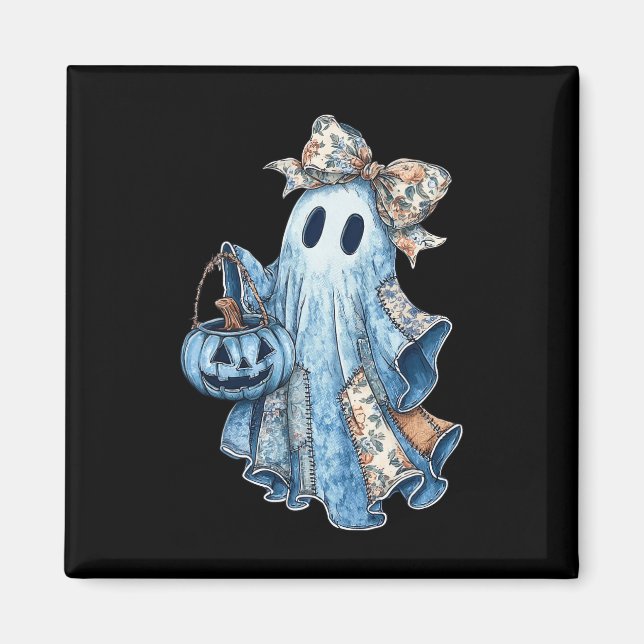 Íman Retro Halloween Blue Denim Ghost Spooky Ghost Ghos (Frente)