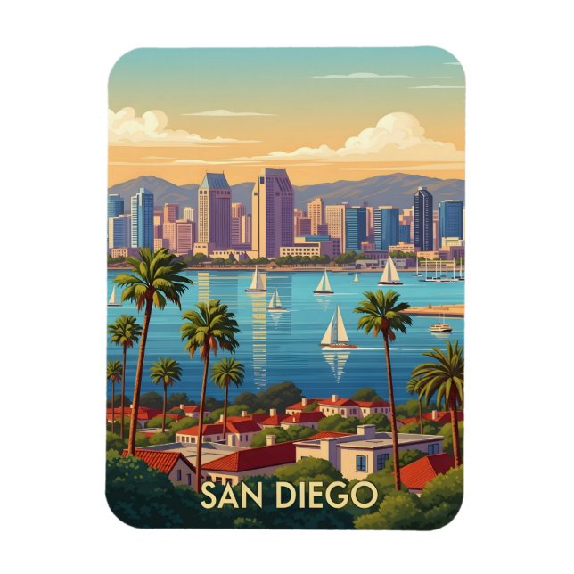 Íman Retro San Diego California Coastal Skyline  (Vertical)