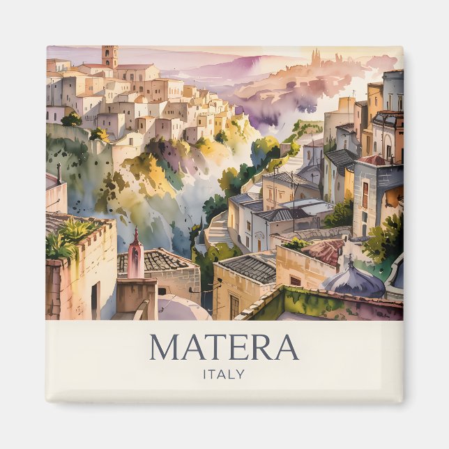 Íman Retro Sassi di Matera Italy Travel Watercolor City (Frente)