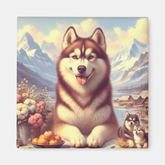 Íman Retro Siberian Husky Pintura (Frente)