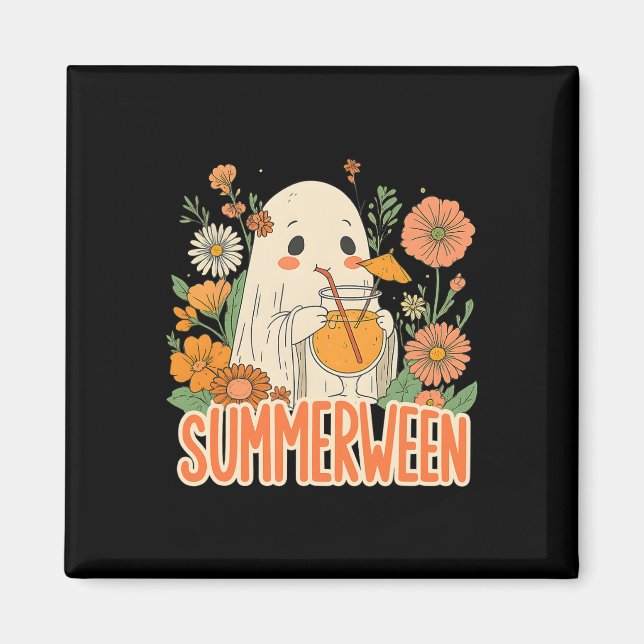 Íman Retro Summerween Ghost Boho Floral Summer Hallowee (Frente)