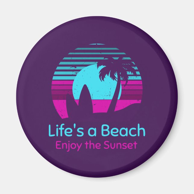 Íman Retro Sunset Surfboard Palm Tree Life's a Beach (Frente)