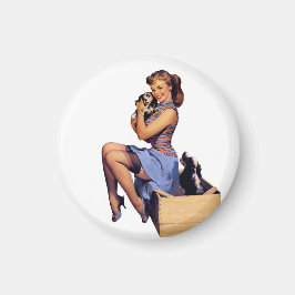 Íman Retro Vintage Brunette Pinup Girl With Puppies