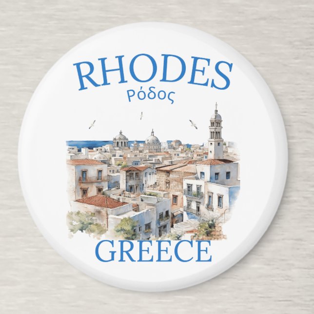 Íman Rhodes Greece Watercolor Landscape – Souvenir (Criador carregado)