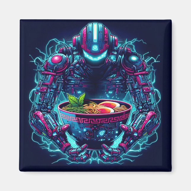 Íman Robô Futurista Ciberpunk Neon Comida Ramen (Frente)