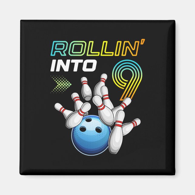 Íman Rollin Into 9 Retro Bowling Birthday Party 9th Bir (Frente)