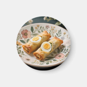 Íman Rolos de Ovo Crocantes em Prato Floral
