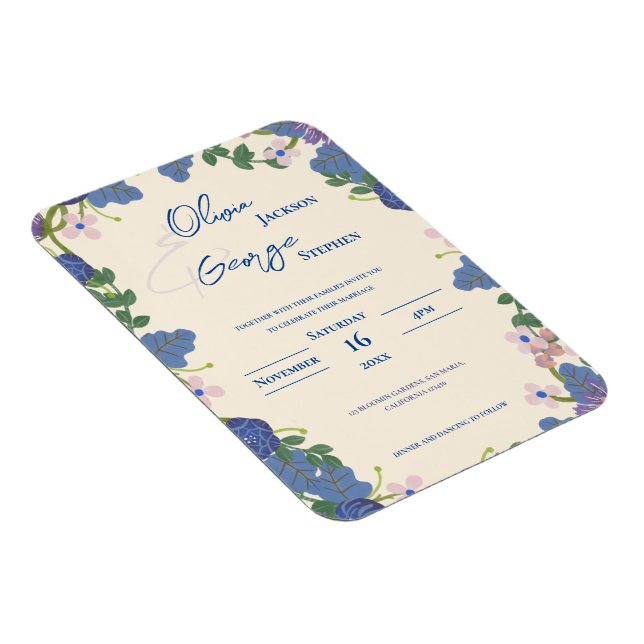 Íman Romantic Blue Purple Floral Wedding Invitation (Lado Direito)