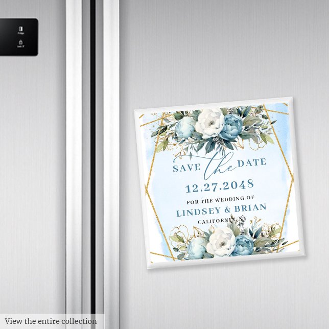 Íman Romântico Boho Azul e Branco Peônias Salva a Data (Romantic Blue And White Peonies Save The Date Magnet

)