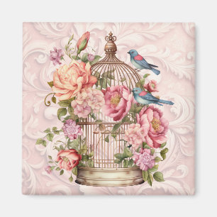Íman Romântico Cage de Pássaros Floral Aquarela Vintage