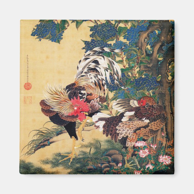 Íman Rooster e Hen com Hydrangeas por Ito Jakuchu (Frente)