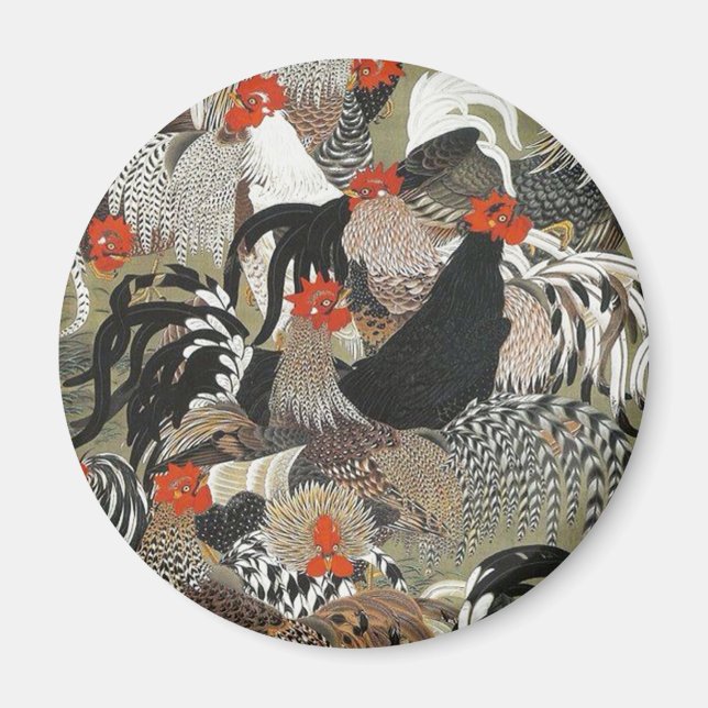 Íman Roosters Hen Ilustração de Ito Jakuchu (Frente)
