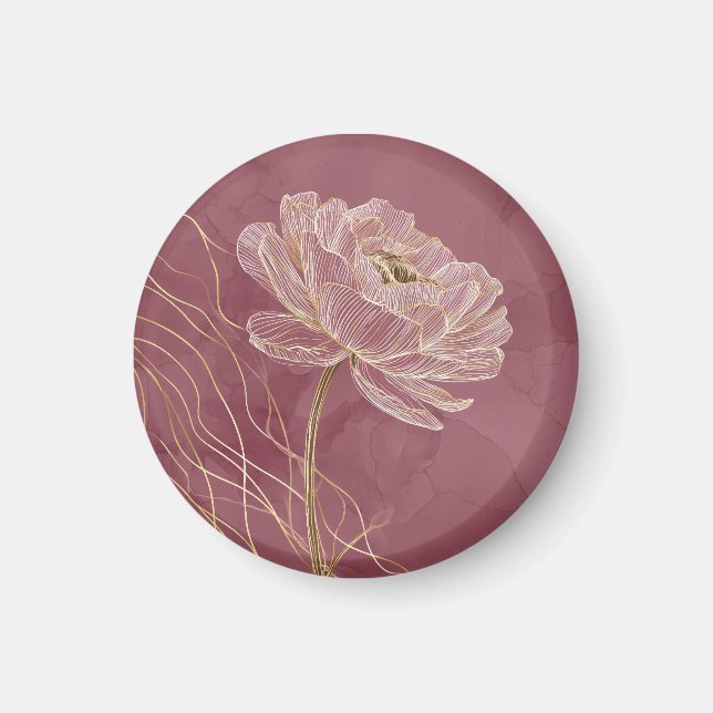 Íman Rosa Desbotado Arte Linear Floral Elegante Dourado (Frente)