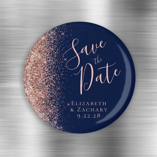 Íman Rosa Dourado Azul Marinho Glitter Salve a Data (Criador carregado)