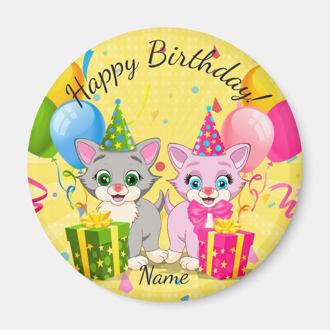 Íman Rosa e Cinza - Cartoons de Kitten de Aniversário (Frente)