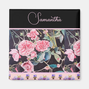 Íman Rosa Rosa Roxa Aquarela Vintage Personalizável