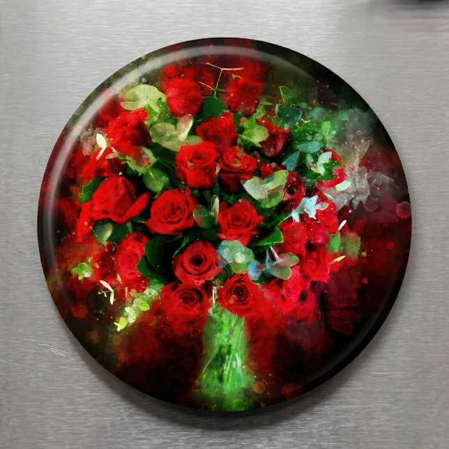 Íman Rosa vermelha de flor de Buquê - bb (Red Roses Bouquet Watercolor on Black Background. Magnet)
