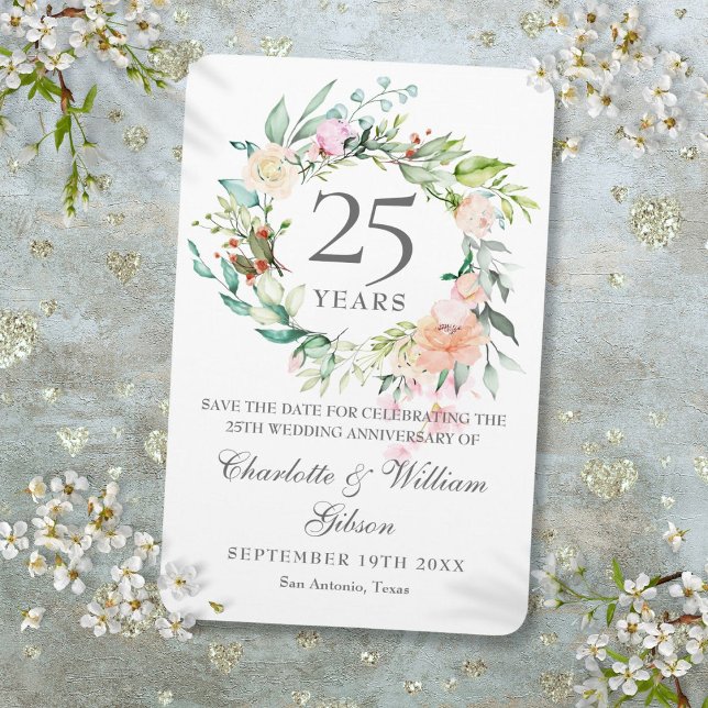 Íman Rosas de Aniversário do 25 Silver Floral Salve a D (25th Silver Anniversary Roses Floral Save the Date Magnet)