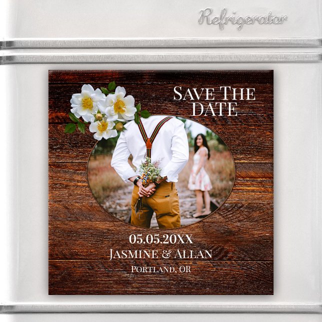 Íman Rosas de madeira russa Imã salve a data de fotos (A rustic wood design Save the Date magnet featuring your own photo and white roses.)