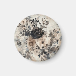 Íman Rosas em Aquarela Vintage em Bege, Preto, Creme