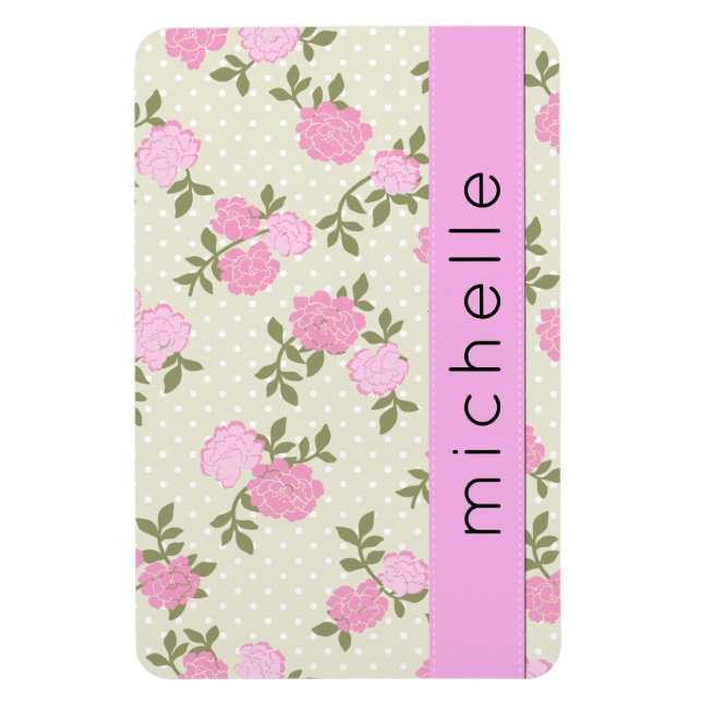 Íman Rosas Rosa, Flores De Aquarela, Boho, Seu Nome (Vertical)