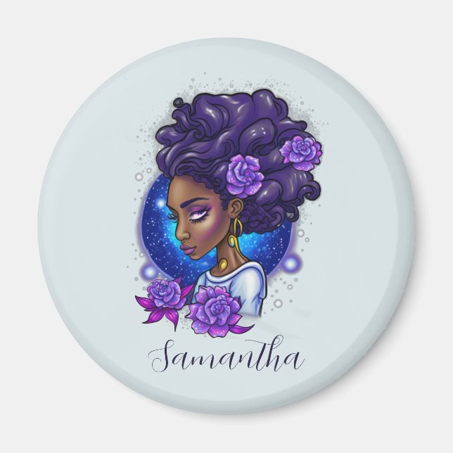 Íman Rosas Roxos Elegantes Afro Mulher (Frente)