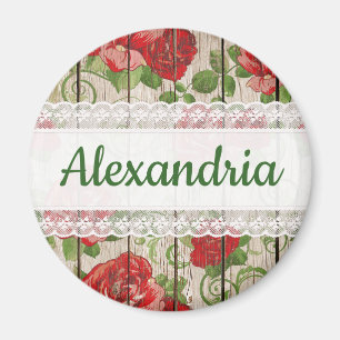 Íman Rosas Rustic Wood Lace Nome Personalizado