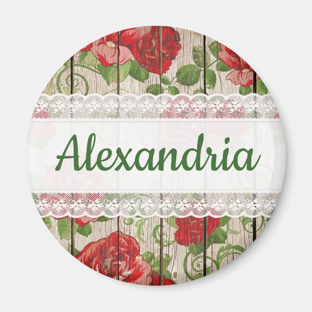 Íman Rosas Rustic Wood Lace Nome Personalizado (Frente)
