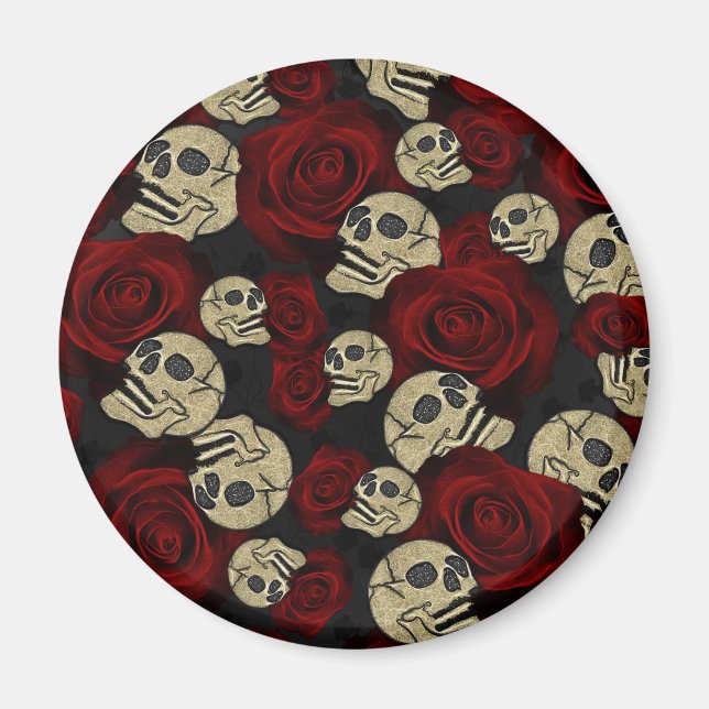 Íman Rosas Vermelhas & Caveiras Cinza Floral Gótico Pre (Frente)