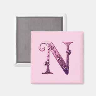 Íman Rosemaling Metálico Moderno Letra N, Rosa/Roxo