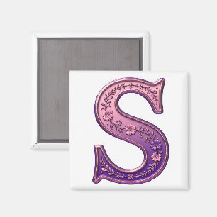 Íman Rosemaling Metálico Moderno Letra S, Rosa/Roxo