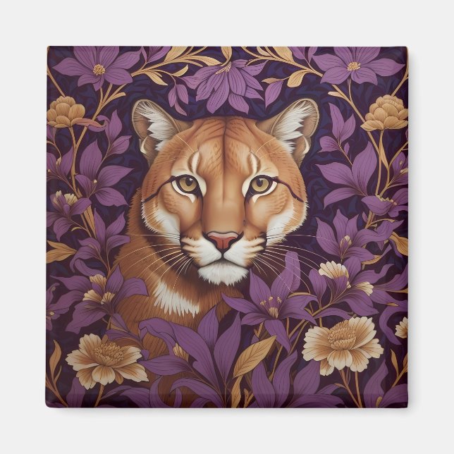 Íman Rosto de Puma Entre Densa Folhagem Roxa e Flores (Frente)