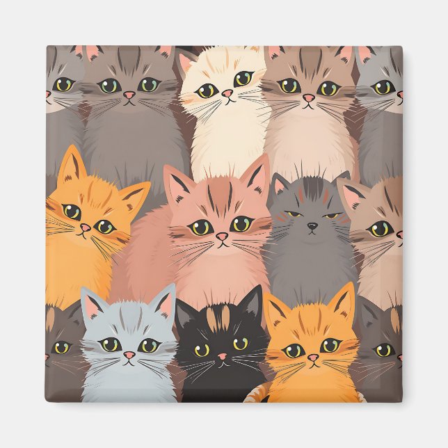 Íman Rostos de Gatos Fofos Padrão Ilustrado (Frente)
