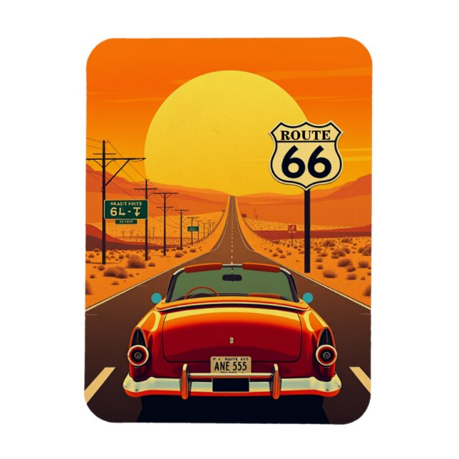 Íman Rota 66 Vintage Sunset Highway com Carro (Vertical)