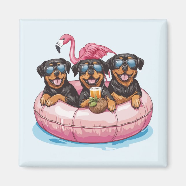Íman Rottweiler Cães Flamingo Piscina de Verão (Frente)
