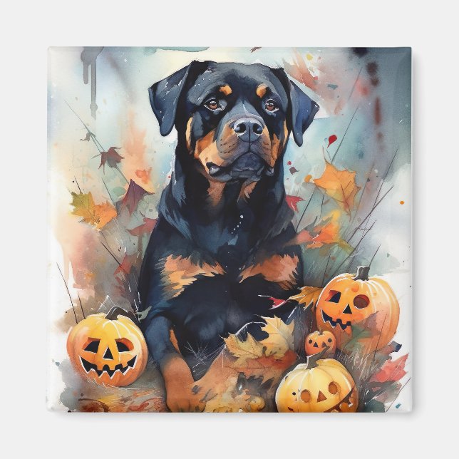Íman Rottweiler de Halloween com Abóboras Assustadoras (Frente)