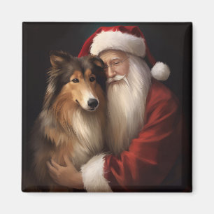Íman Rough Collie com Papai Noel Natal Festivo