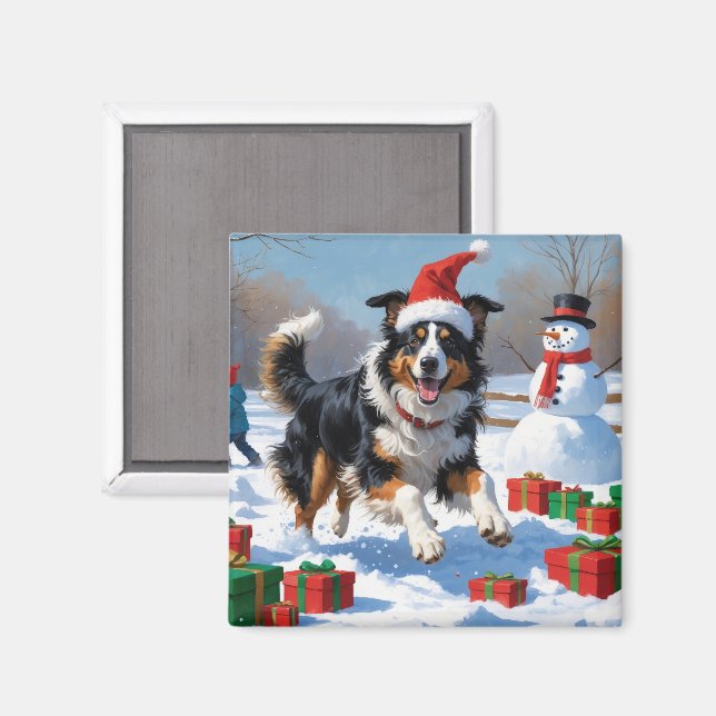 Íman Rough Collie Correndo na Neve com Chapéu de Natal (Front/Back)
