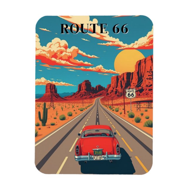 Íman Route 66 Red Car Desert Drive Vintage (Vertical)