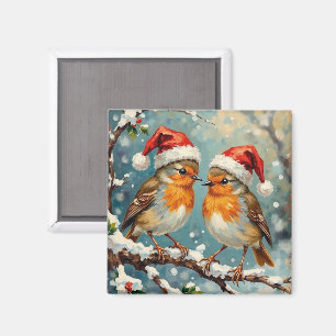 Íman Rouxinóis Vintage com Chapéus de Papai Noel em Gal