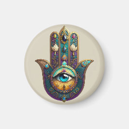 Íman Roxo Dourado Verde Água Hamsa c/ Terceiro Olho Tur