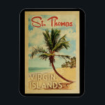 Íman Rua Thomas Palm Tree Viagens vintage<br><div class="desc">Uma Rua moderna do século médio exclusiva,  Thomas Virgin Islands,  impressão de arte no estilo viagens vintage. Ele apresenta uma palmeira curva na praia arenosa com oceano sob um céu azul nublado.</div>