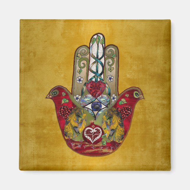 Íman Rubis Romã Coração Vermelho Pássaro Hamsa (Frente)