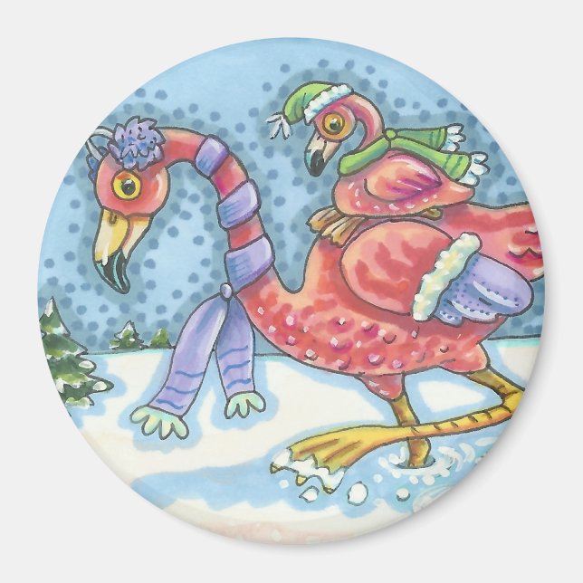 Íman RUBRICA SUL, PINK FLAMINGOS WINTER MAGNET Round (Frente)