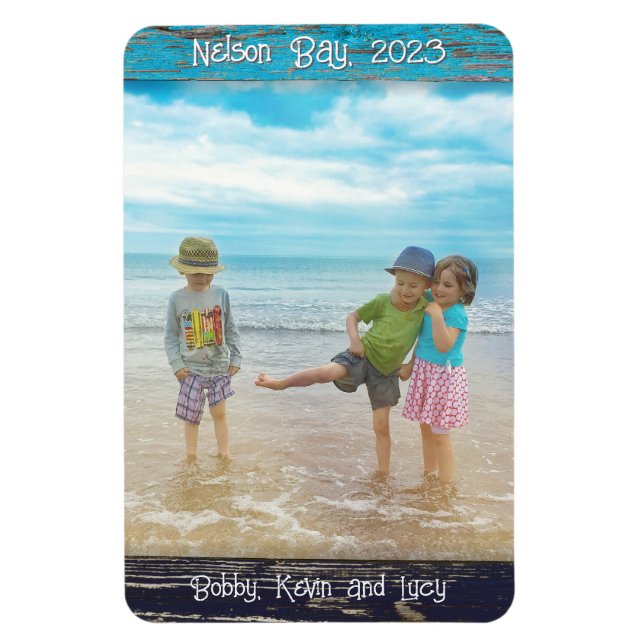 Íman Rustic Blue White Beach Wood Text Photo Frame (Vertical)