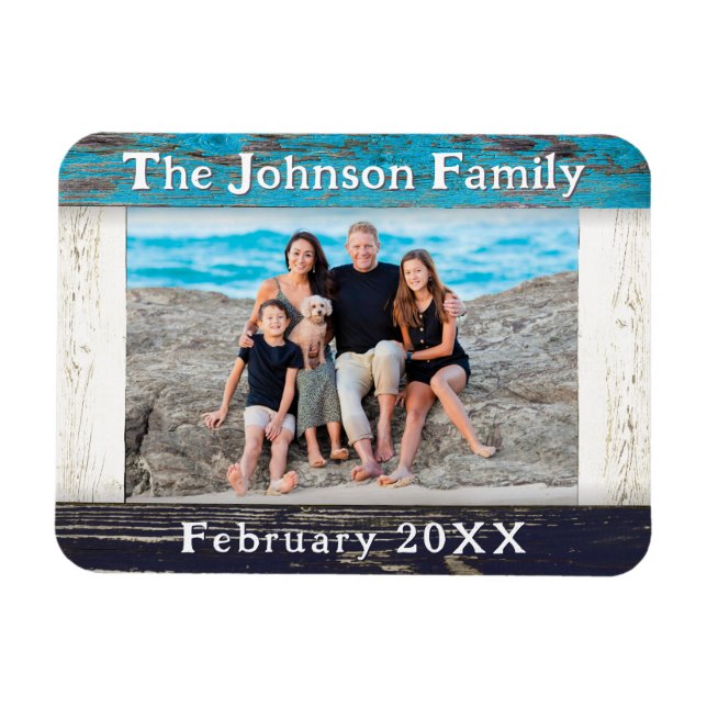 Íman Rustic Blue Wood Family Name Photo Frame (Horizontal)